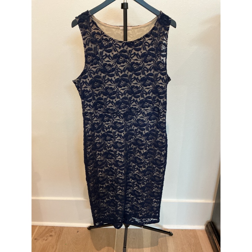 Maitai Womens Navy Blue Floral Lace Sheath Dress Nude Lining Size 1X